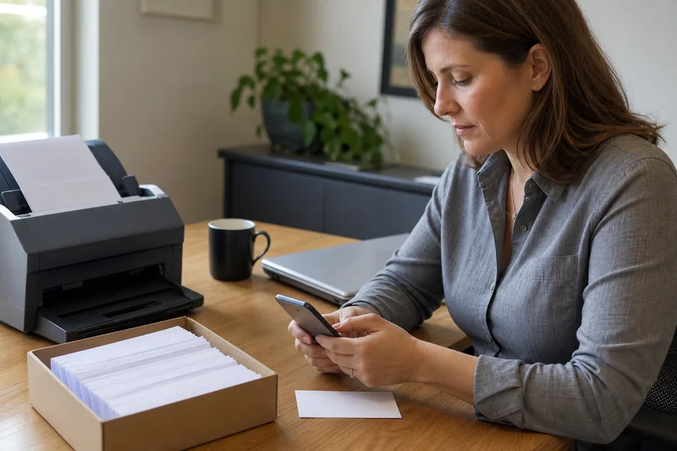 Old desktop receipt scanner and a shoebox of receipts beside a phone capturing a receipt