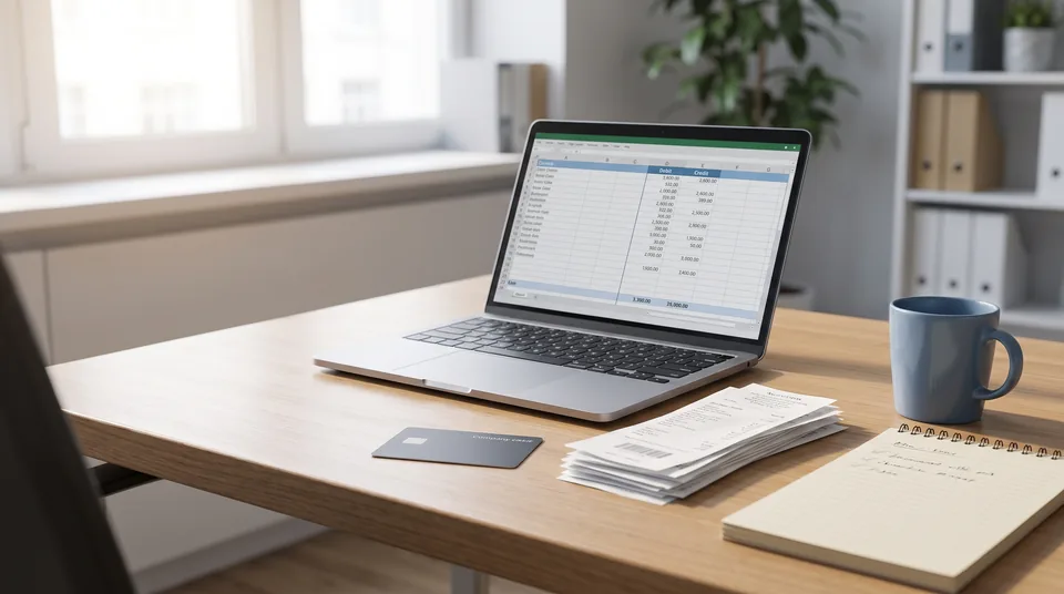 Finance desk with a laptop showing a ledger journal entry screen next to receipts and a company card