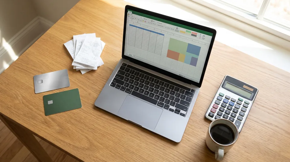 Two company cards next to a stack of receipts and a laptop with an expense spreadsheet